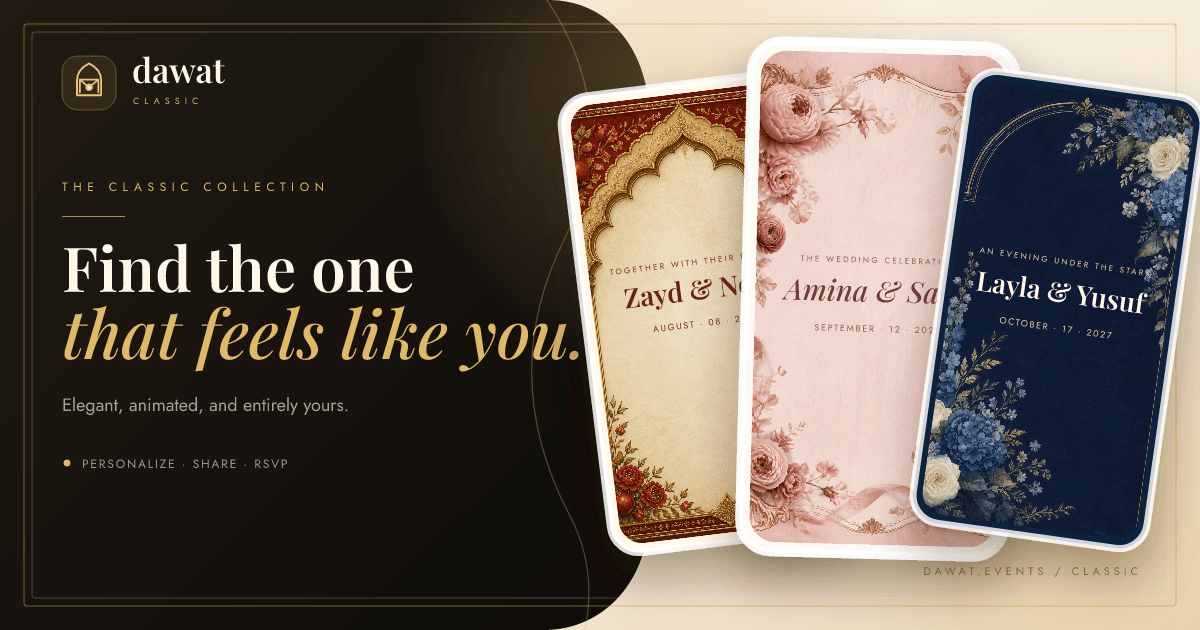 Three Dawat invitation designs shown side by side, in burgundy, blush and midnight blue.